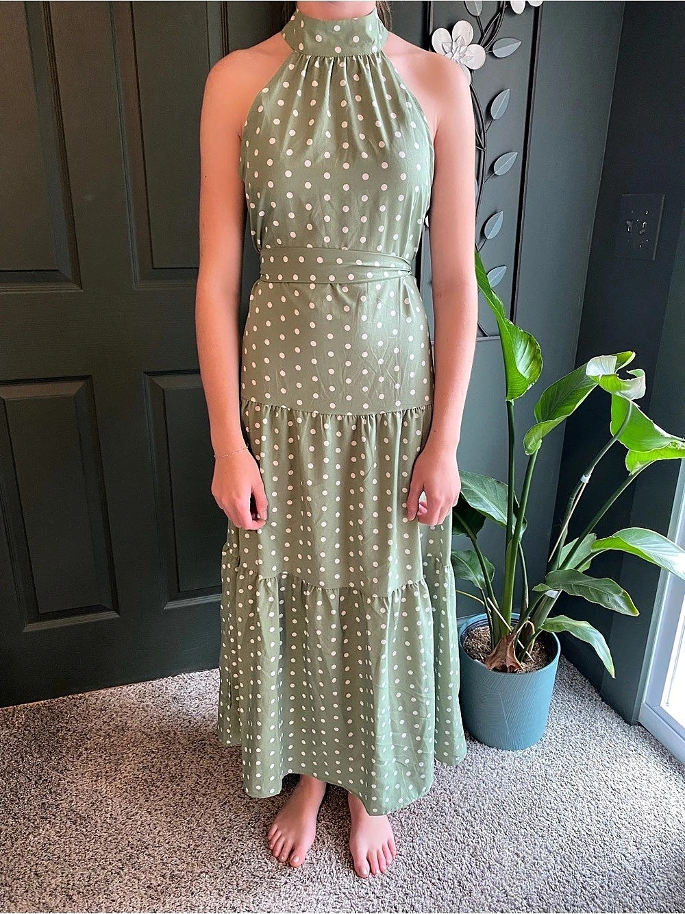 Polka Dot Halter Maxi Dress in Green & White Like New